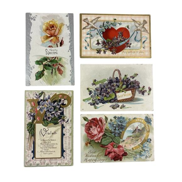 Antique Postcards Flowers Nature Lot of 5 Early 1900s Embossed Gilt Gold Silver - Picture 1 of 16